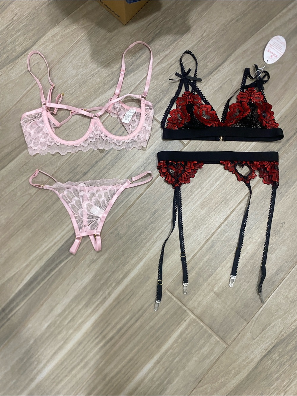 Sheer Lace Bralette & Garter Set in Pink and Black with Red Floral Accents